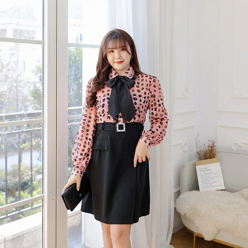 

L To 5XL Oversized Women Dress Spring Autumn High Waist Bow Collar Long Sleeve Mini Casual Party Dresses T1195
