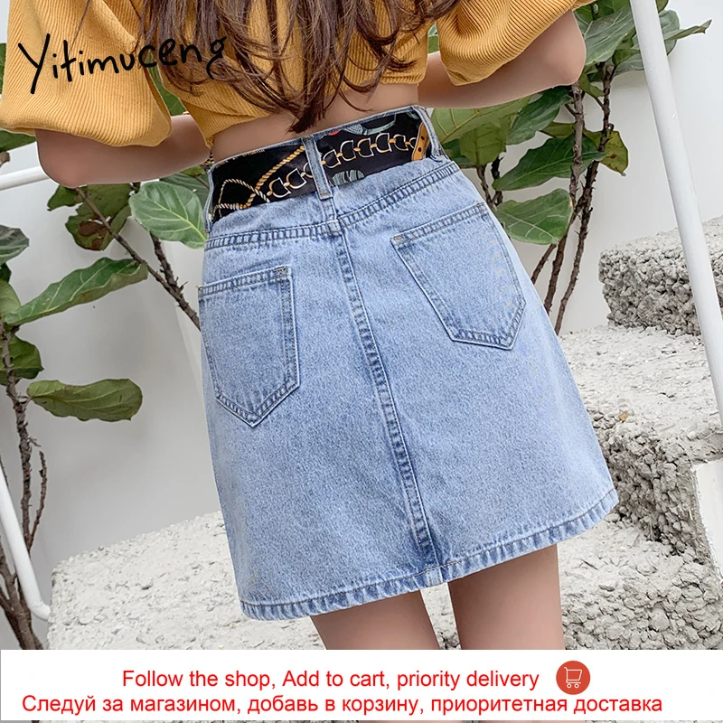 

Yitimuceng denim skirts 2020 korean high waist plus size women skirt with belt casual A-line bow empire button mini skirt blue