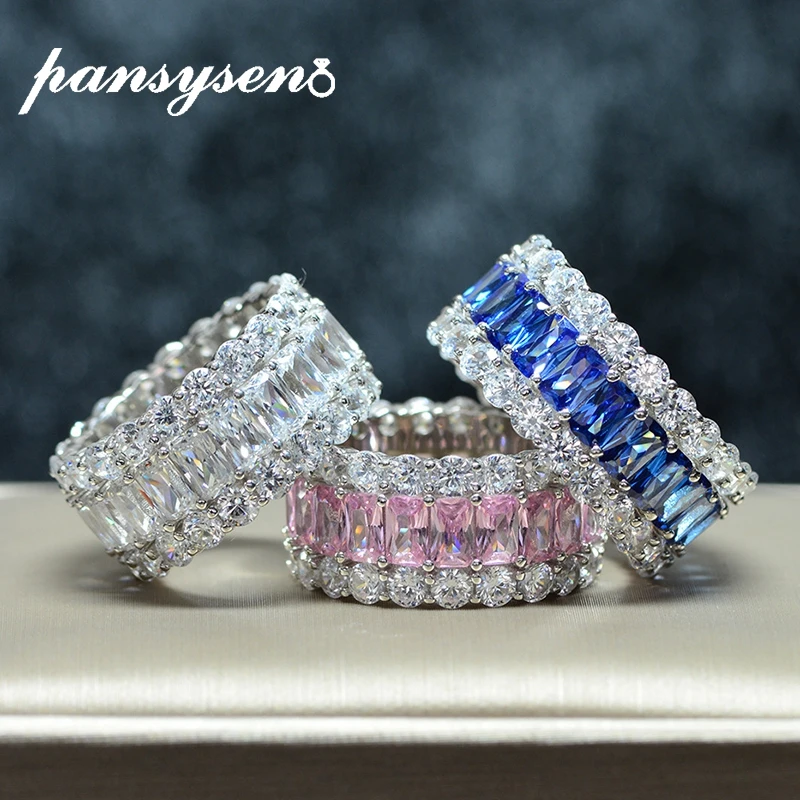 

PANSYSEN Top Quality 100% 925 Sterling Silver Quartz Sapphire Created Moissanite Rings for Women Wedding Engagement Party Gifts