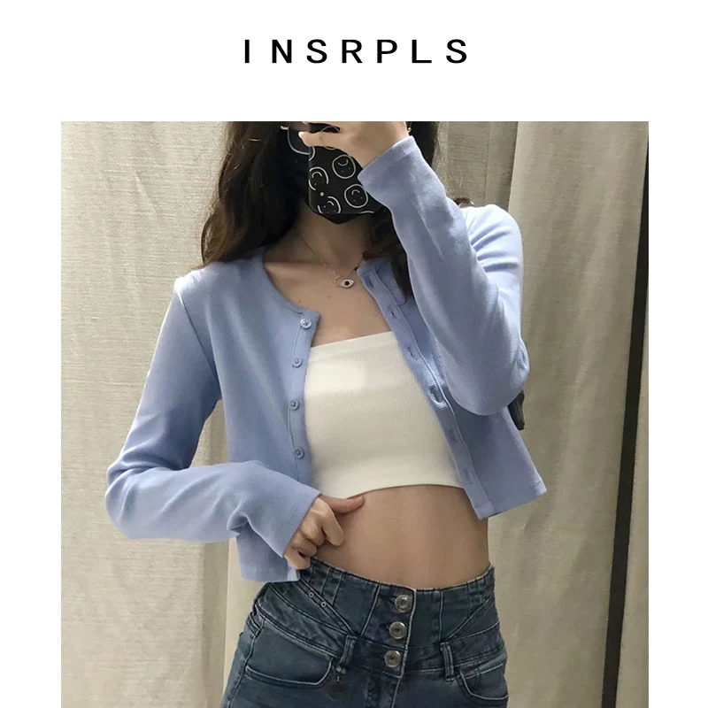 

INSPRLS Women Fashion With Buttons Cropped Knitted Sweater Vintage O Neck Long Sleeve Ribbed Female Outerwear Chic Tops
