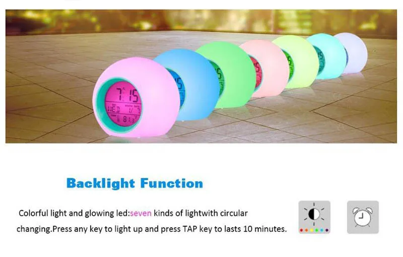 Child birthday present Creative round colorful alarm Warm clock Color night light alarm clock Bedside children alarm clock