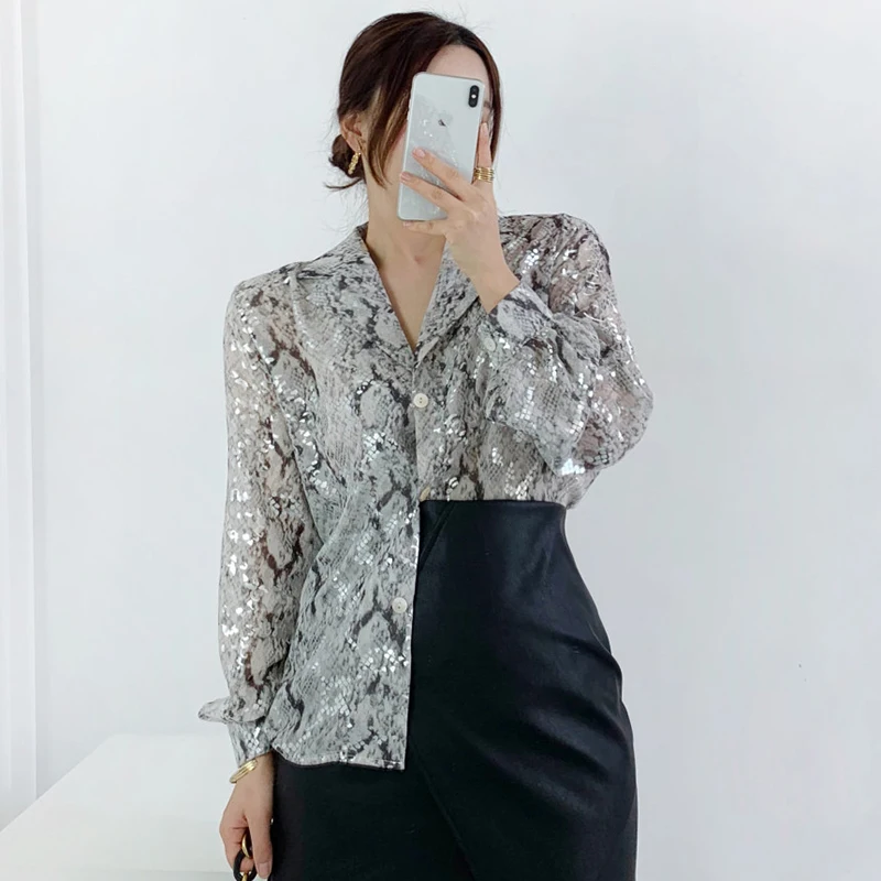 Женская блузка с блестками Getspring винтажная со змеиным узором и длинными рукавами
