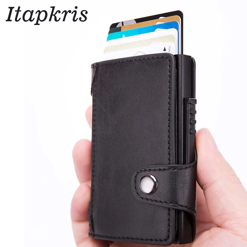 

Itapkris Men Credit ID Card Holder Fashion Women PU Leather Wallet Business RFID wallet High Quality Aluminum Travel Case Black