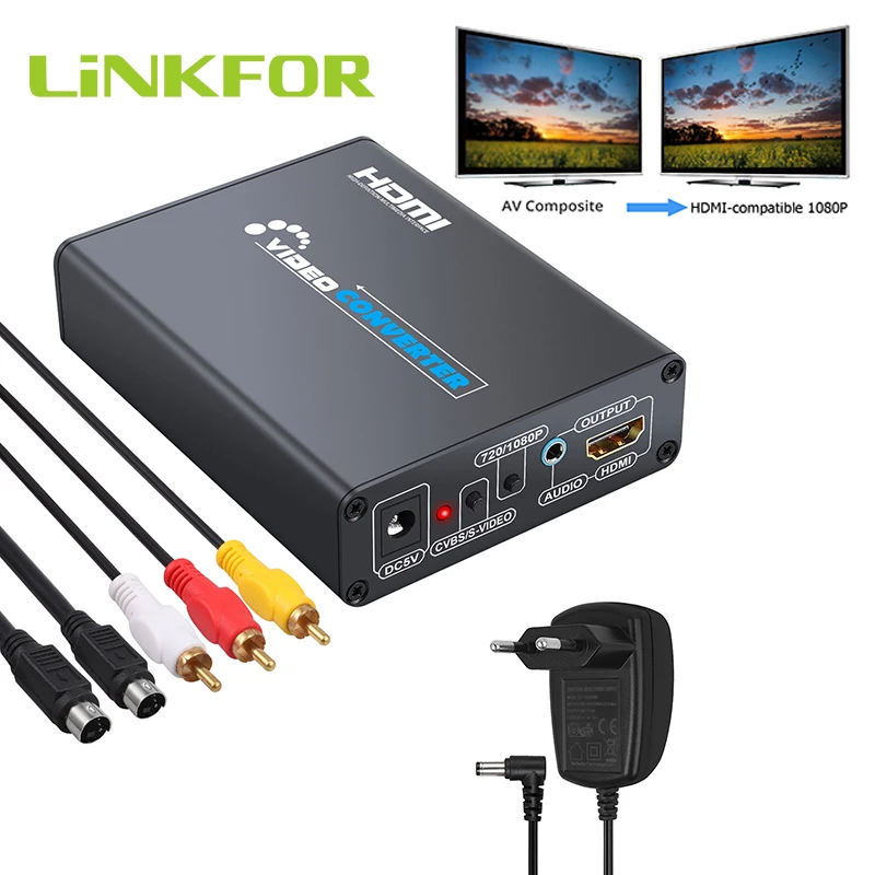 

LiNKFOR 3RCA AV CVBS Composite S-Video R/L Audio to HDMI-compatible Adapter Upscaler 720p/1080p 3RCA S-Video Cable For VCR PS3