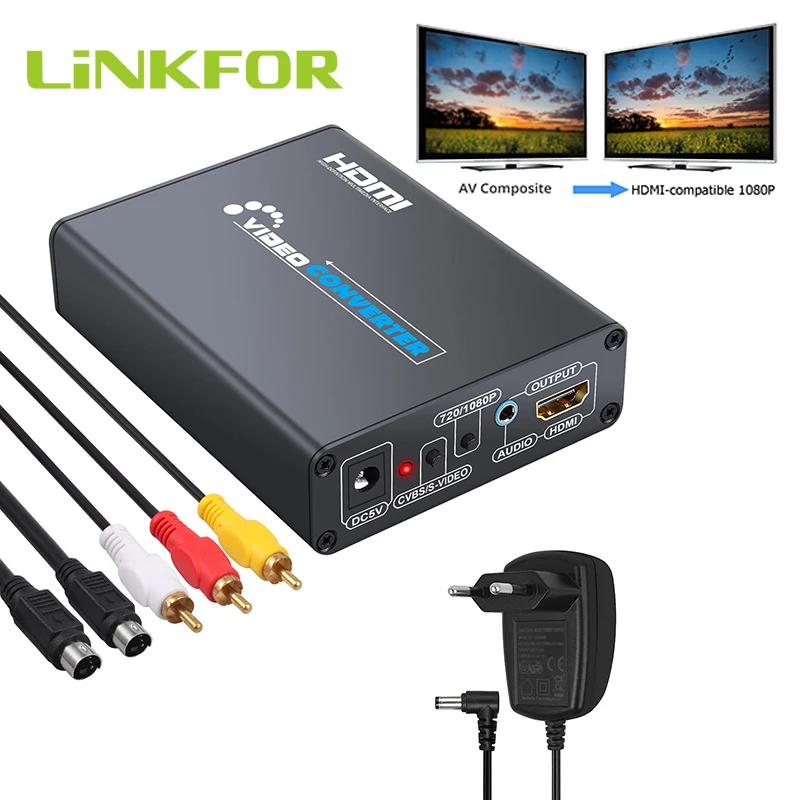 LiNKFOR 3RCA AV CVBS Композитный S видео R/L аудио к HDMI совместимый адаптер Upscaler 720p/1080p