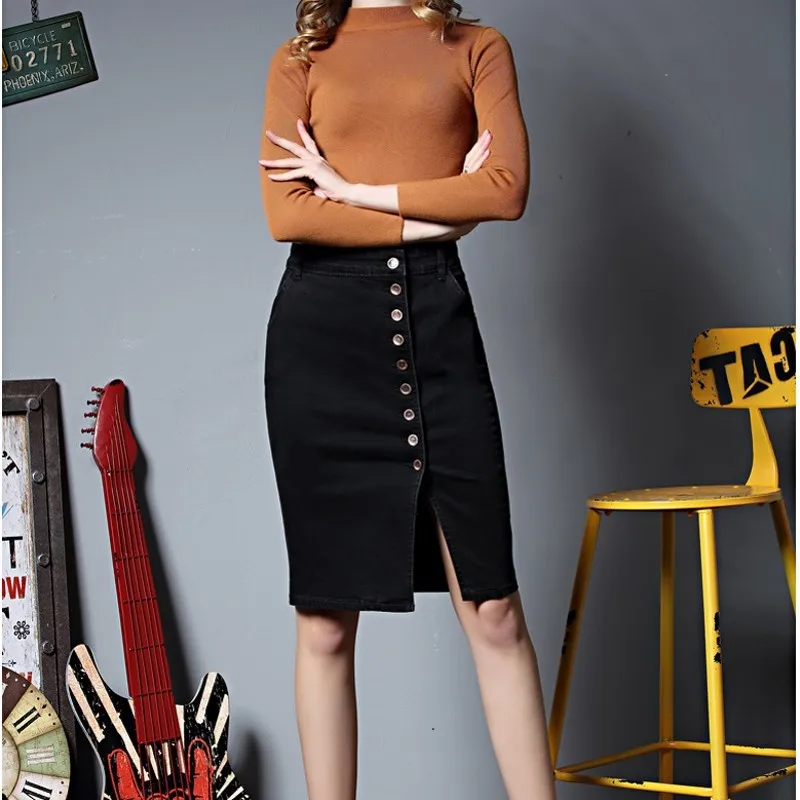 Plus Size 5XL 6XL Hot Sale Elegant Ladies High Waist Bounce Denim Skirts Single Breasted Jeans Saia Slim Fit Knee Length | Женская