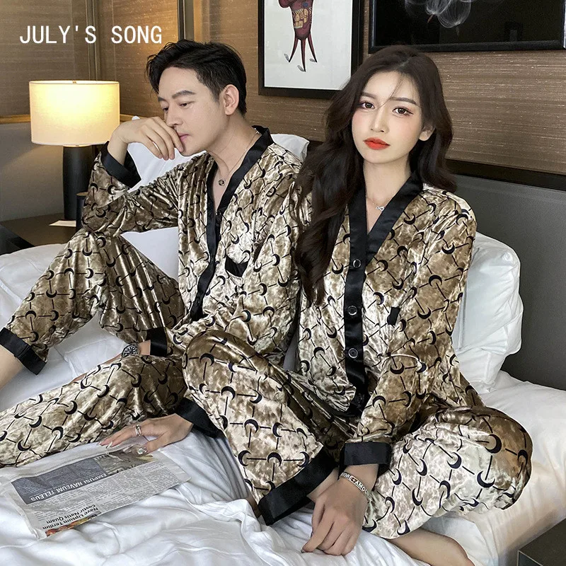 

JULY'S SONG New 2 Pieces Printing Velvet Pajamas Set Winter Women Sleepwear Long Sleeve Elegant Nightgown Female Luxury Pajamas