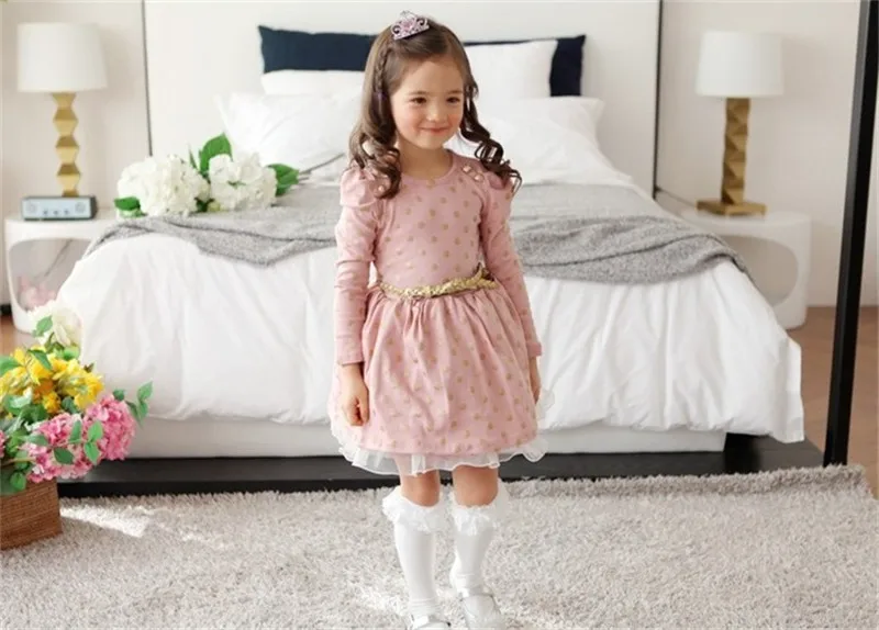 Платья в горошек с длинными рукавами для девочек vestidos/хлопковое праздничное Повседневное платье-пачка для девочек детское осенне-зимнее платье От 2 до 7 лет