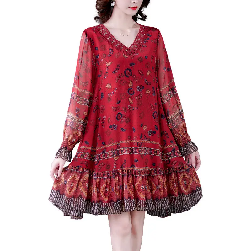 

High Grade Silk Dress Fashion Mother Dress V-neck Lace Stitching A-line Dress