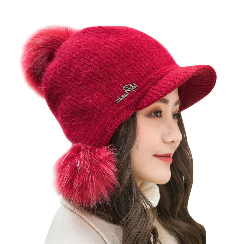 Брендовые зимние вязаные шапки с кроликом женские толстые теплые черепами бини