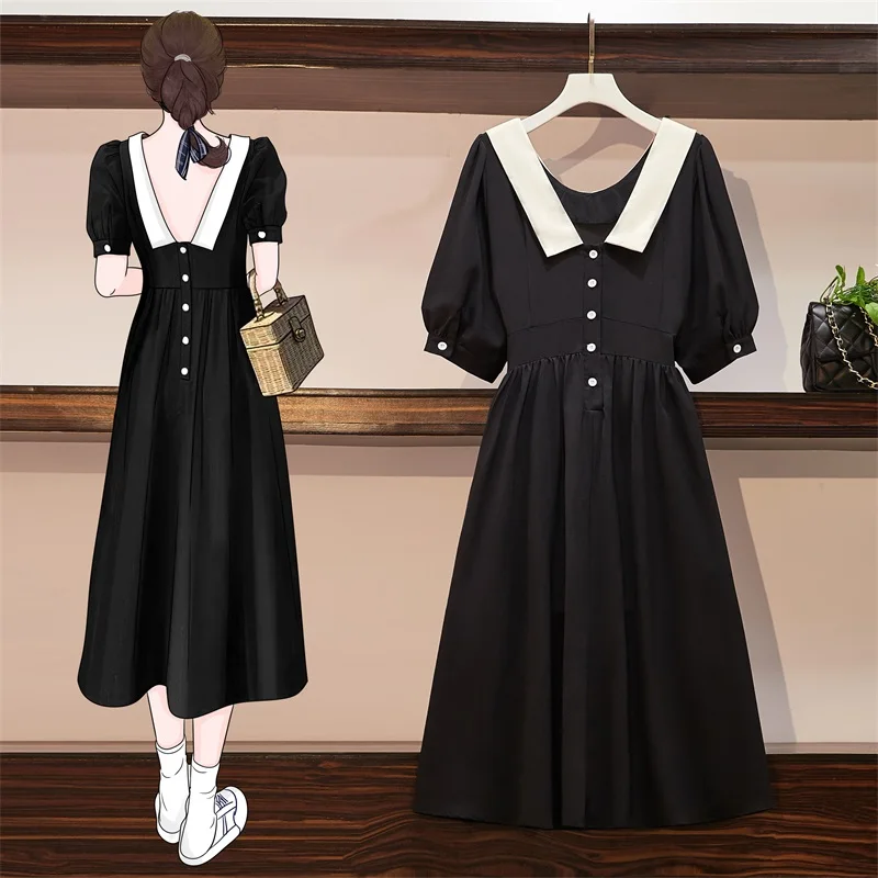 

L-4XL Plus Size Women Backless Dress Summer 2021 Korea Peter pan Collar Short Sleeve High Waist Long Dress Both Sides Can Wear