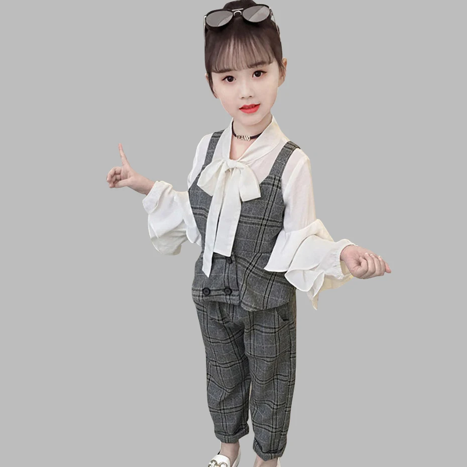 2019 комплект детской одежды для девочек клетчатый жилет + Блуза штаны школьной
