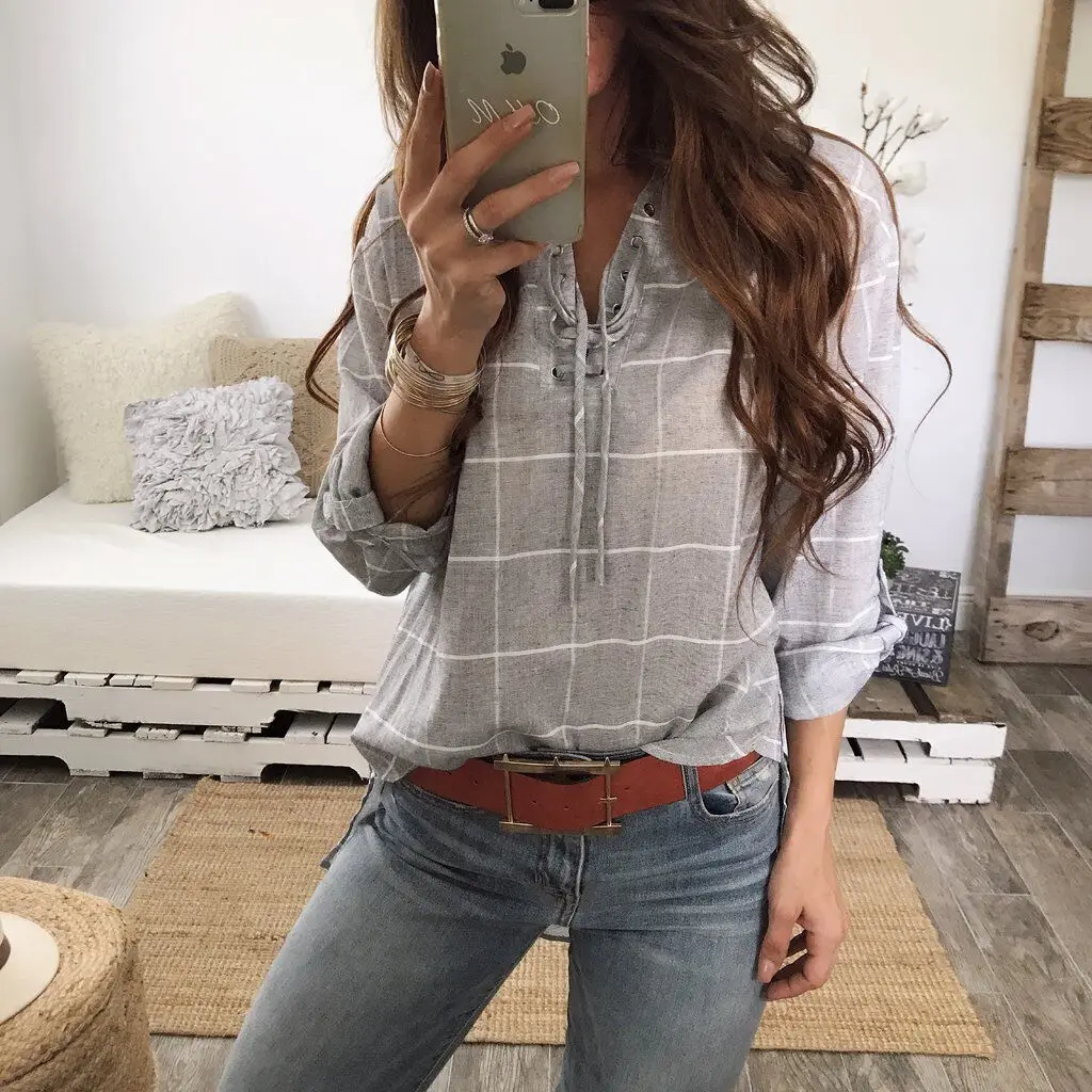 

Женская блузка, модная женская рубашка, Женская клетчатая рубашка, Осень-зима, Классическая Удобная элегантная одежда, топ в Корейском стил...
