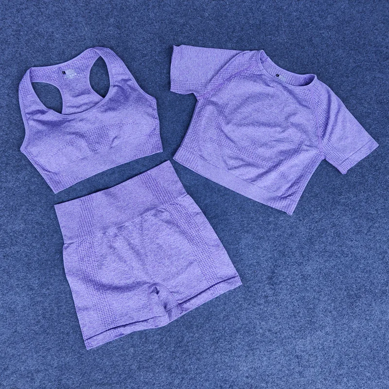 Vital Seamless Yoga Bra Woman Sportswear 3pcs Short Sleeve Crop Top+Gym Leggings+Sport Brassiere Female Fitness Sports Suits | Спорт и