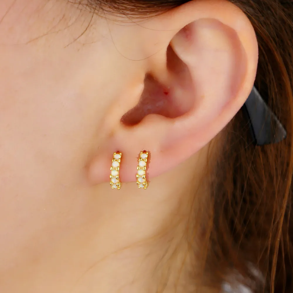 Delicate Boho Women girl White Fire Opal HOOP Earring Gold Filled 925 sterling silver mini small huggies fire opal Wedding gifts | Украшения