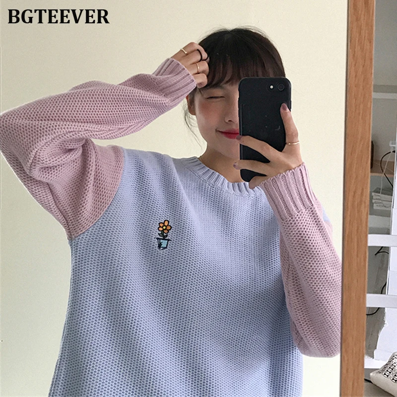 BGTEEVER шик вышивка Женский вязаный свитер с круглым вырезом осень зима женские