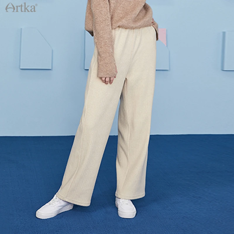 ARTKA 2020 Winter New Women Pants Casual Loose Draping Straight Long Pants Elastic Waist Soft Knitted Trousers Women ZA22001D