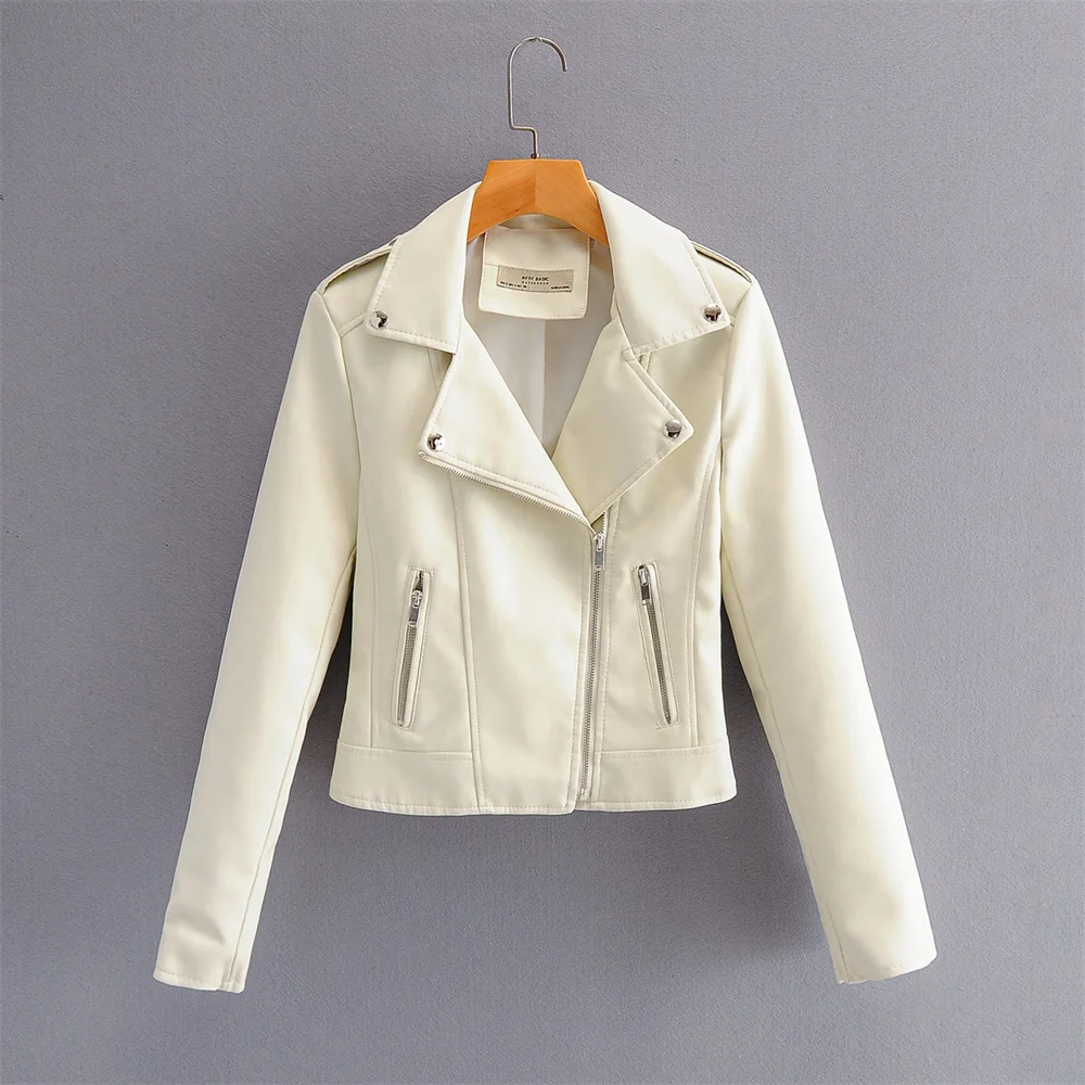 

2021 New Women's New Lapel Long Sleeve Jacket with Metal Zipper Front Embellished Motorcycle Leather Jacket