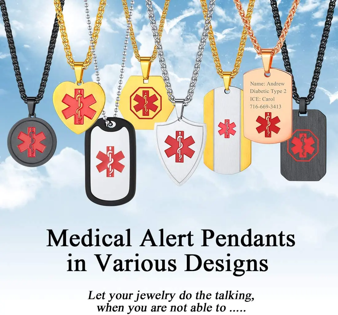 U7 Personalized Message Engraved EMC Tag with Medical Card Medal Medical Alert ID Tag Round Medal Necklace