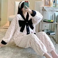 winter nightgown women snow white bowknot coral fleece underwear trouser suit thick home clothe long sleeve casual kawaii pajama