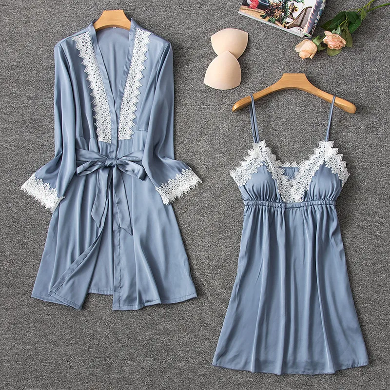 Серый женский Пижамный костюм кимоно одежда для сна комплект из 2 предметов