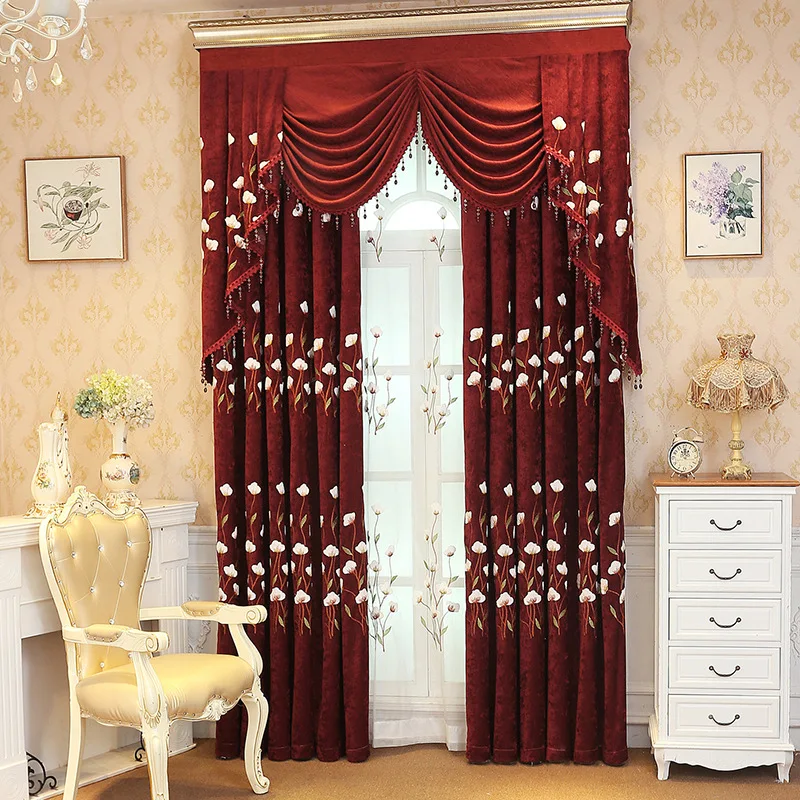 

Luxury Classical European Style Curtain Red Chenille Embroidered Curtains for Living Room Bedroom Window Home Decoration Custom
