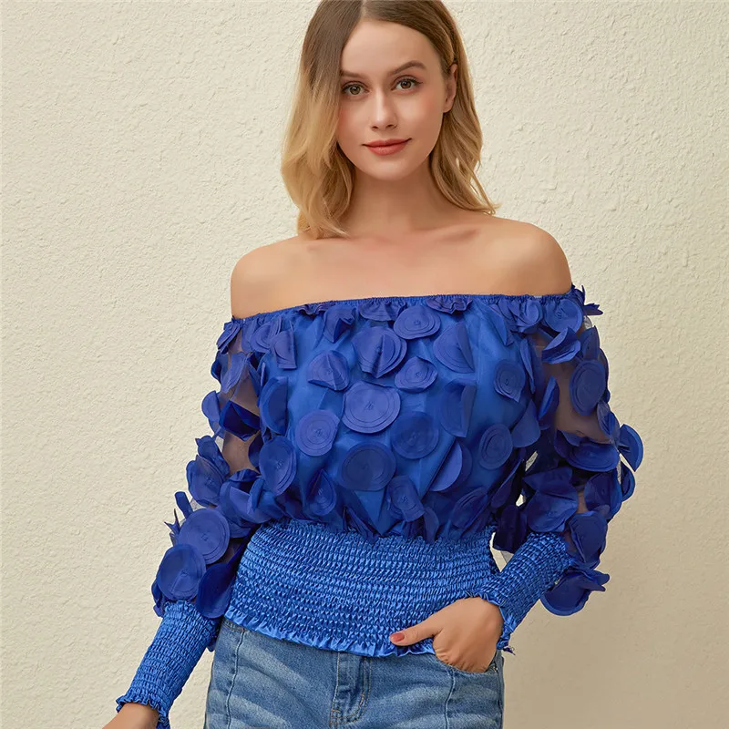

2020 Summer Fashion Sweet Perspective Screen Yarn Chiffon Shirt Off Shoulder Blouse Women Slim Puff Sleeves Appliques Tops
