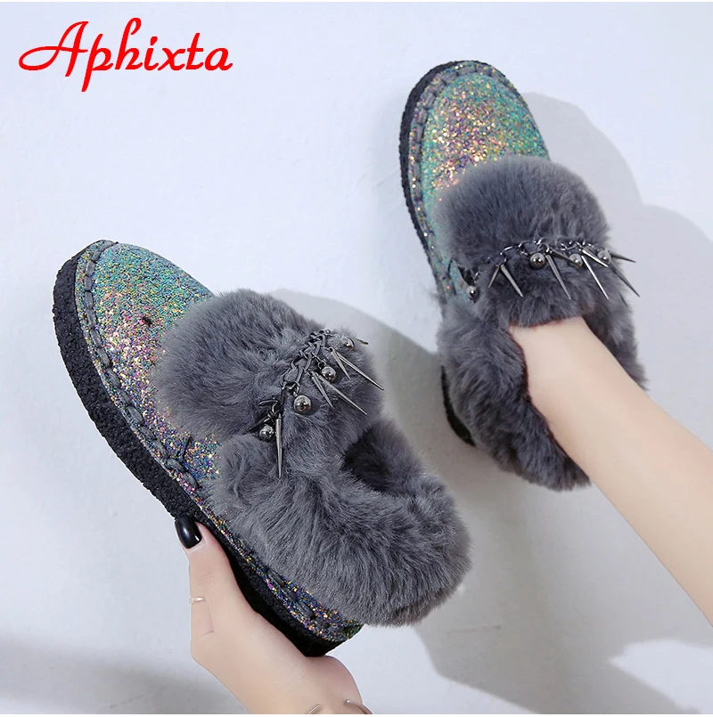 Сапоги aphixta; женские зимние ботильоны на плоской подошве; теплая женская обувь на платформе; женские меховые сапоги с круглым носком и металлической бахромой; Botas Mujer