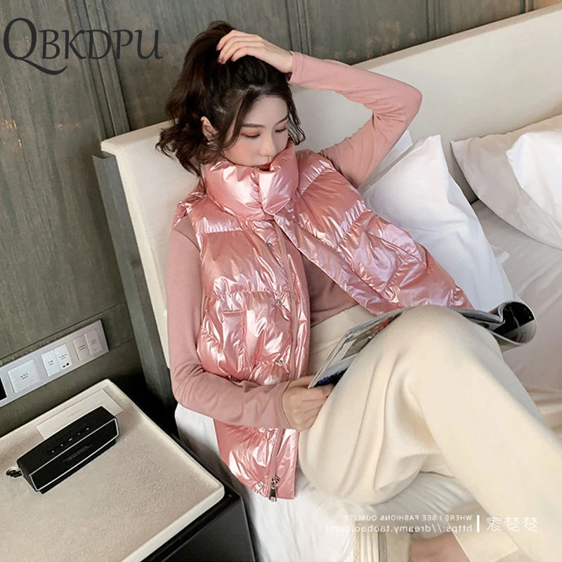 Блестящий женский весенний жилет без рукавов с хлопковой подкладкой утолщенные