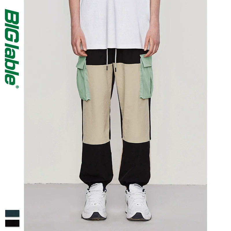 Большие уличные мужские брюки 2019 Осень Зима ветровка хип хоп цвет сшивание