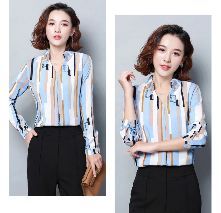 Женская шифоновая блузка, рубашка,, женская одежда, длинный рукав, Blusas, шифон, женские офисные блузки, с принтом, в полоску, в горошек, для девушек, OL, Топ