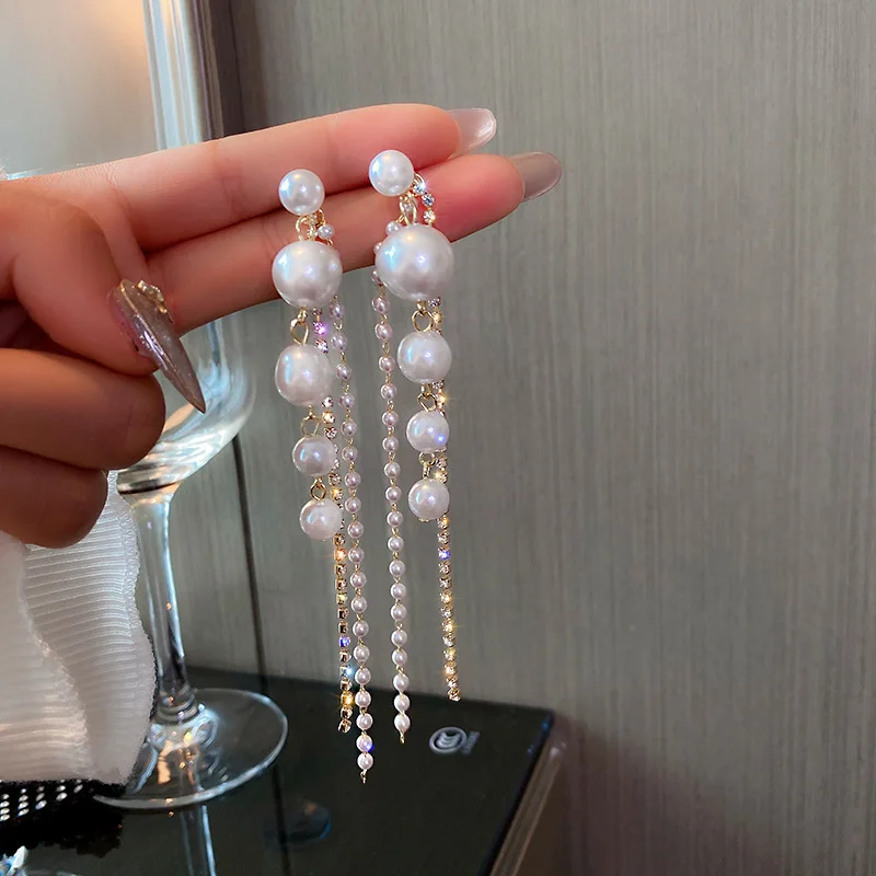 

925 Silver Needle Long Tassel Pearl Earrings European and American Exaggerated Design Diamond Earrings Fashion Earrings Women
