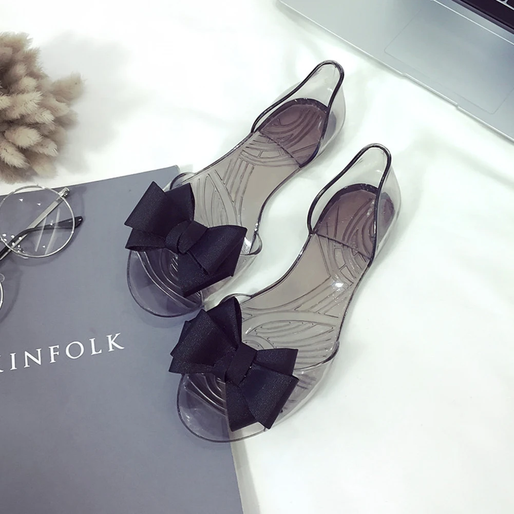 

Lady Transparent Crystal Jelly Beach Sandals Woman Flats Shoes Fish Mouth Bow Women Summer Shoes`