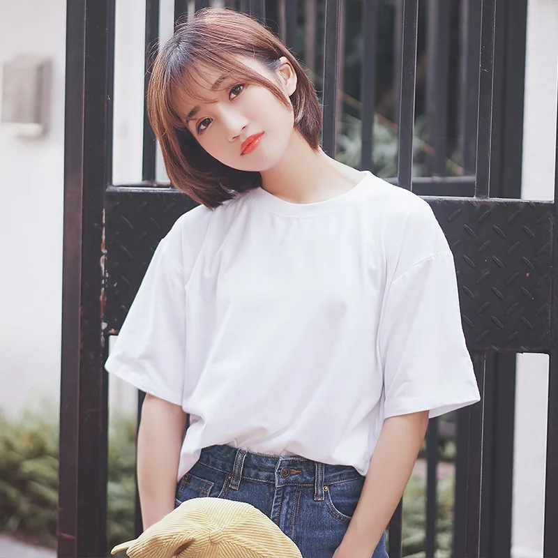

Chic Khaki 2021 New Loose Half Sleeve Solid Color round Neck White T-shirt Female Student Cotton Basic Short Sleeve Top Summer