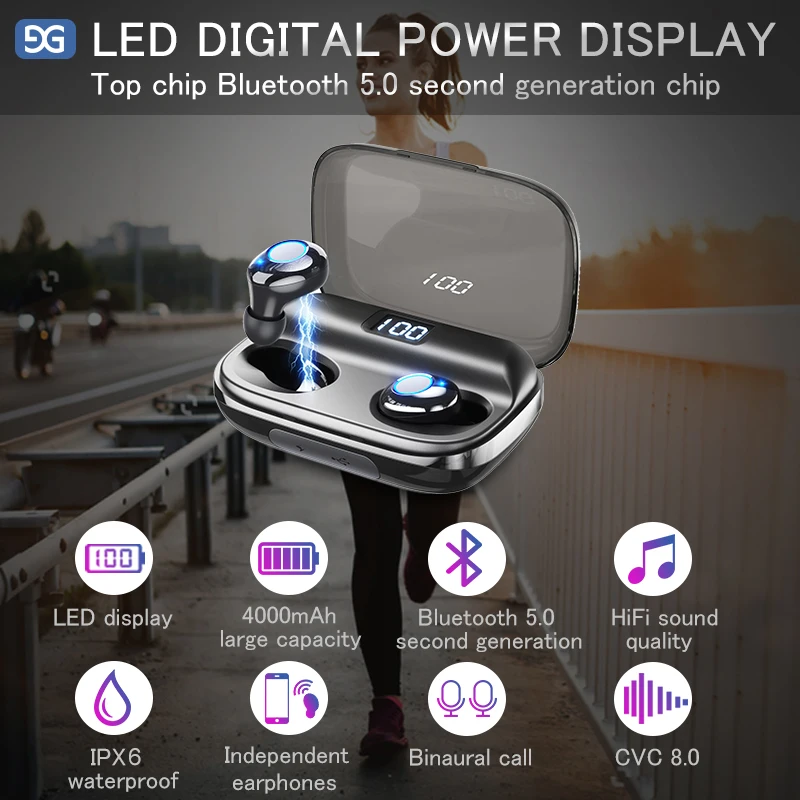 2019 TWS беспроводные наушники со светодиодной подсветкой Bluetooth 5 0 стереонаушники 6D