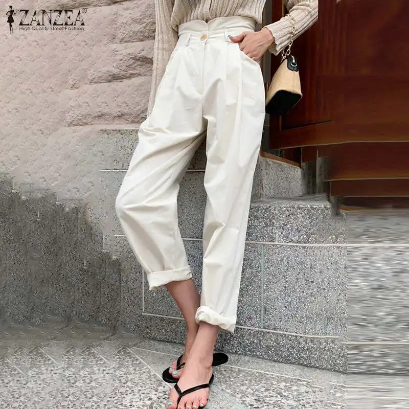 

Офисные женские элегантные брюки оверсайз ZANZEA модные прямые женские однотонные брюки с высокой талией 2021 Осенние повседневные офисные брю...