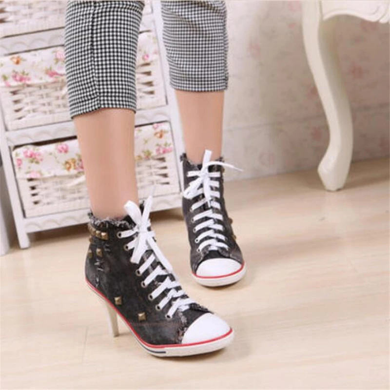 QWEDF 2019 Новая модная женская джинсовая парусиновая обувь на высоком каблуке Обувь