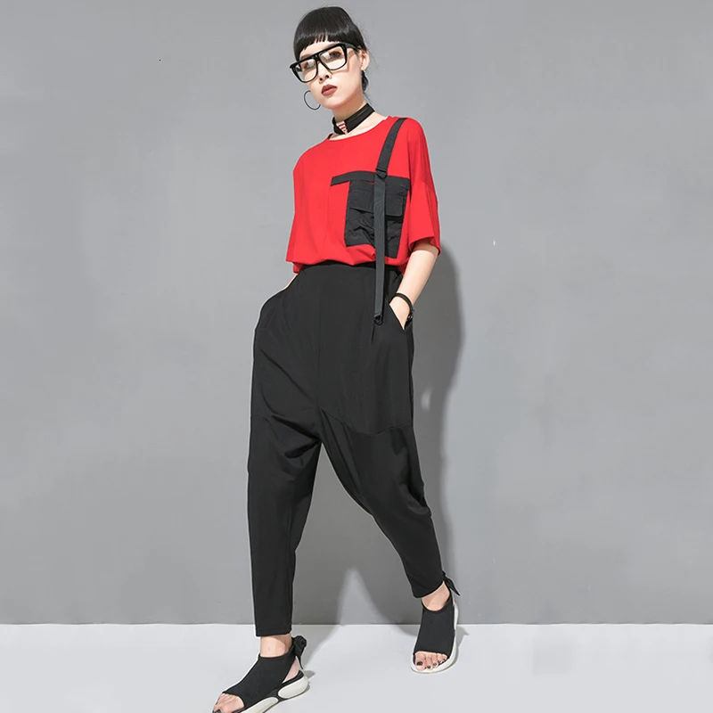 [EAM] New Autumn Winter High Elastic Waist Black Leisure Pocket Stitch Loose Harem Pants Women Trousers Fashion Tide JW997