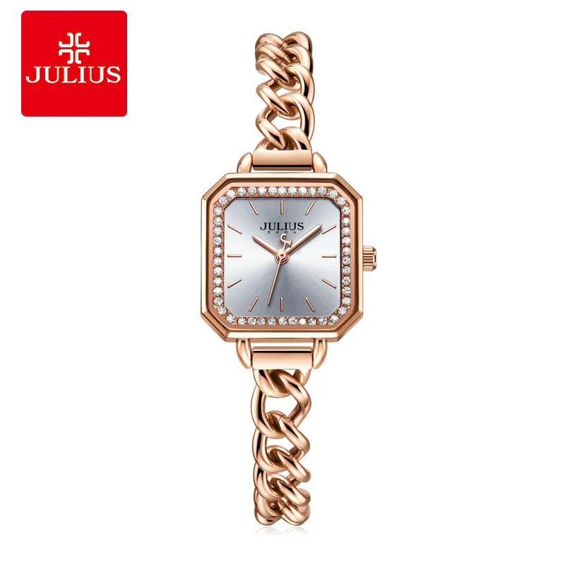 Julius Watch  JA-1292 Women Stainless Steel Bracelet Band Square Face With A Circle Of Crystal Top Brand Luxury Watch