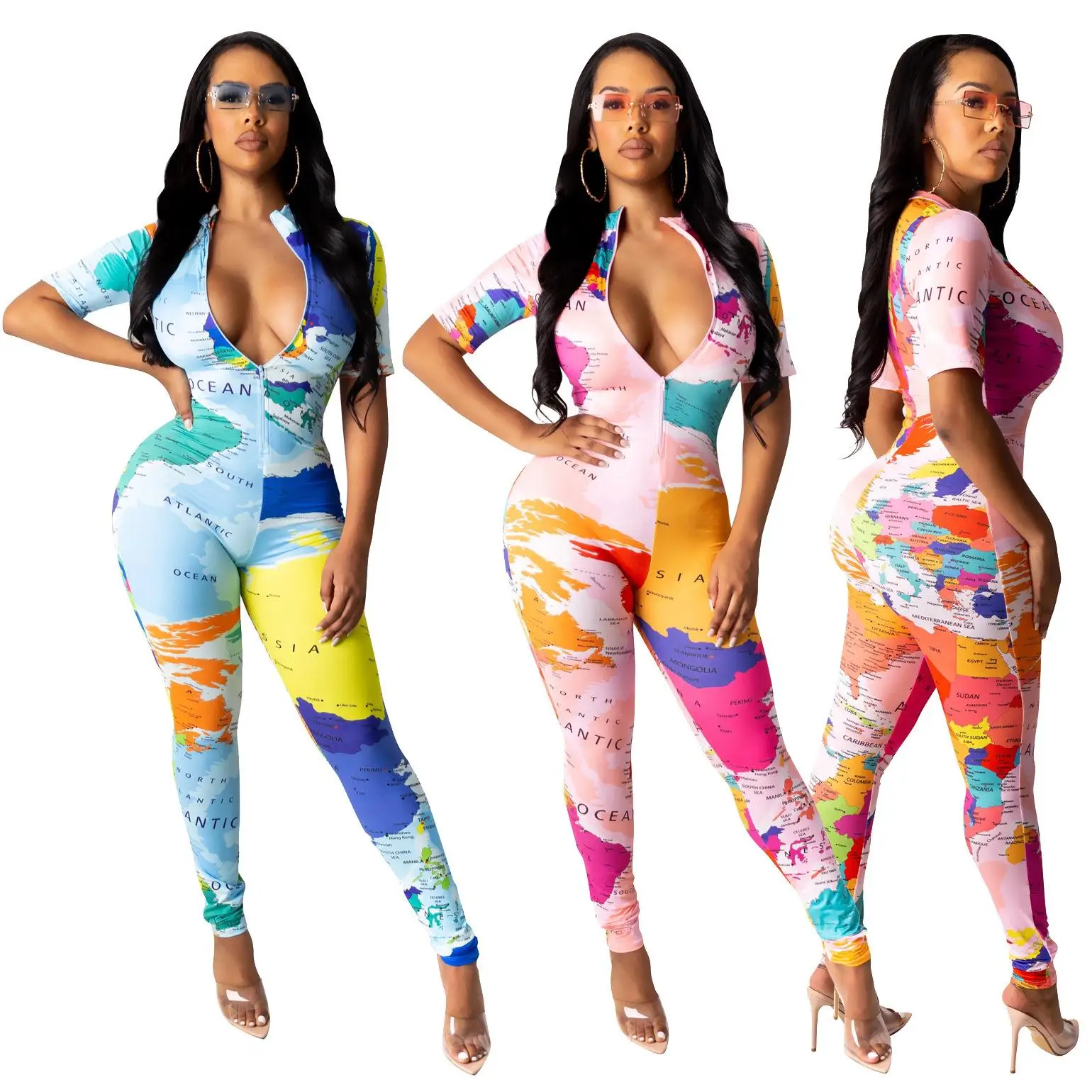 

World Map Printing Women'S Jumpsuit Half Sleeve Spring 2021 New Female Oversized Clothing Color Special Overalls Sportswear