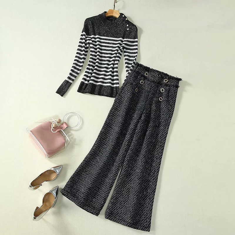 Высокое качество Новая мода подиум 2019 костюм набор женский полосатый свитер твид