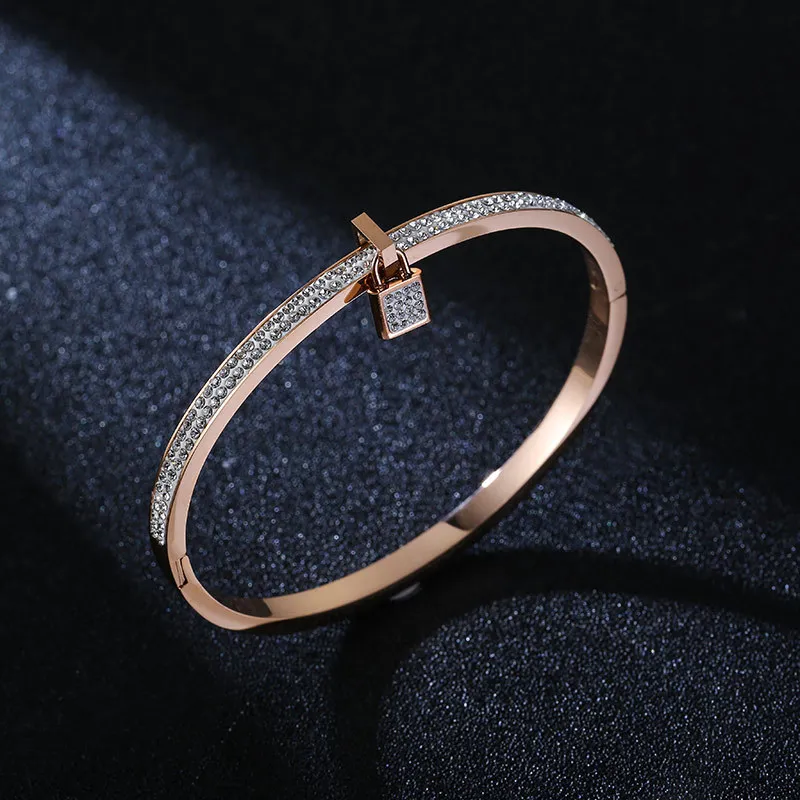 

Wholesale Argil crystal lock bracelet top grade titanium steel cuff bangle fashion jewelry rose gold bracelets wristlet jewel