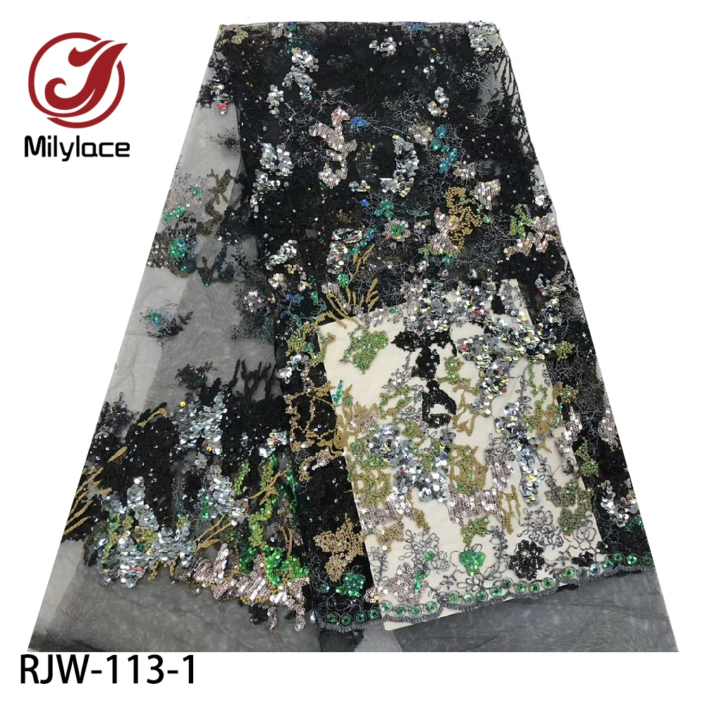 

New Arrival African Tulle Lace Fabrics with Sequins 5Yards High Quality 3D Lace Fabric for Wedding Party Evening Dress RJW-113