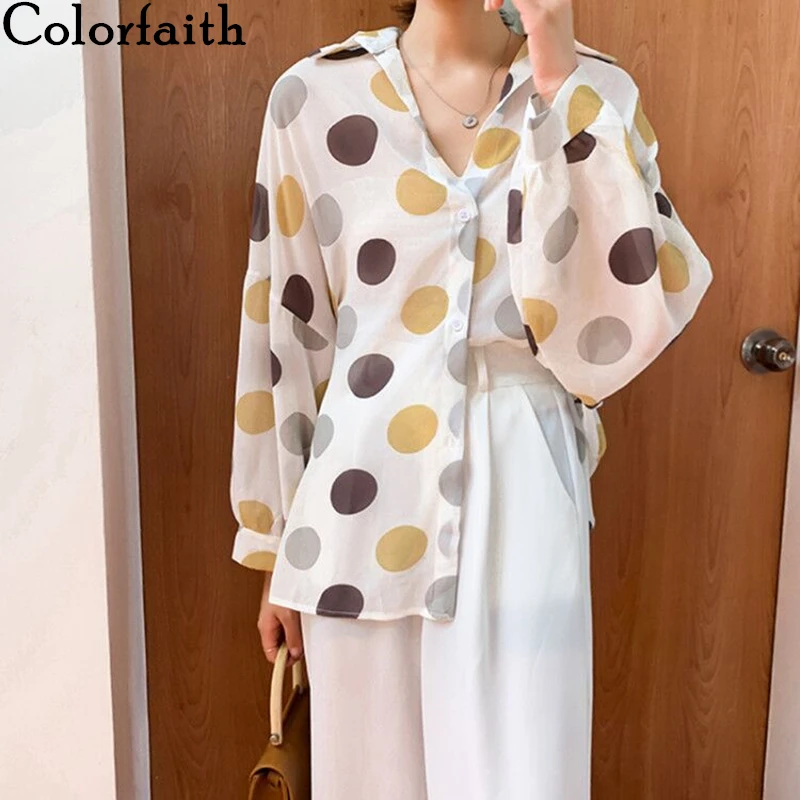 

Colorfaith New 2020 Spring Summer Women's Blouse Chiffon Dots Single-breasted Transparent Lapel Loose Elegant Casual Tops BL6780