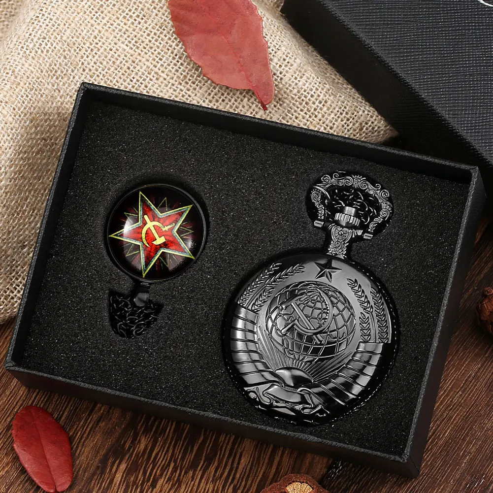 Quartz Watch Pocket Antique Communist Soviet Sickle Hammer Black Pocket Watch Ladies Mens Sickle Necklace Pendant Chain Gift Set