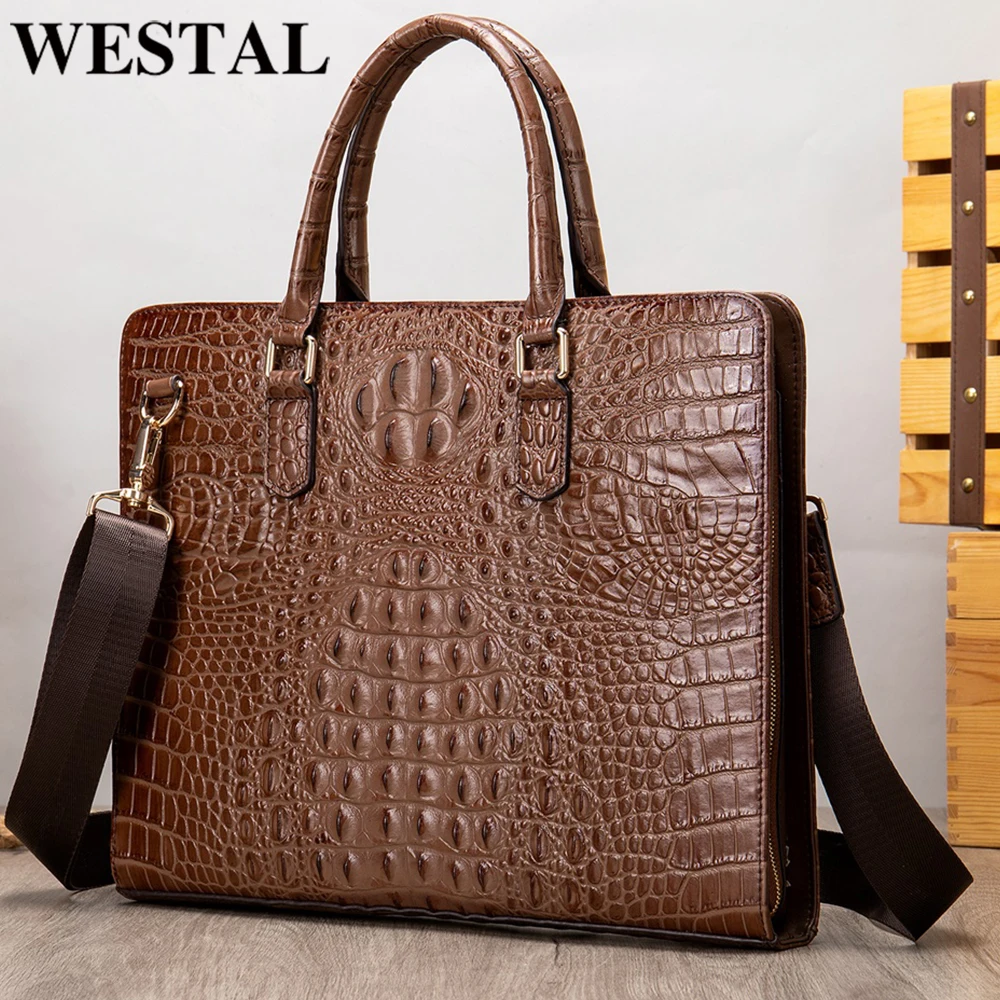 WESTAL Croco Pattern Mens Briefcases Bags for Men Men's Leather Bag for Document Designer Portfolio Computer Bag Handbags 17633