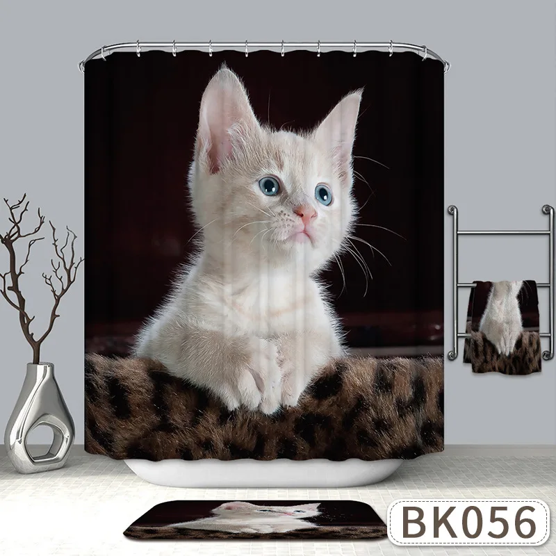 

3D Cartoon Cat Shower Curtains Fabric Cute White Yellow Polyester Cloth Print Bathroom Curtains 72 X 72 Inches with Shower Hooks