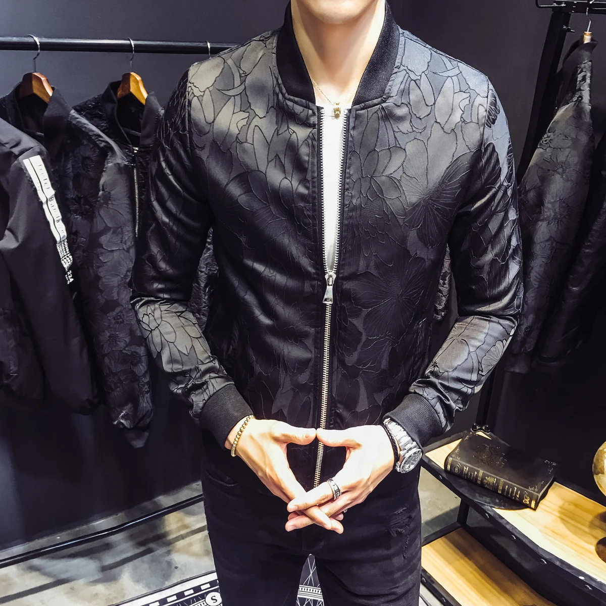 Королевский цветочный пиджак с узорами синий черный 2018 Клубная куртка бомбер в