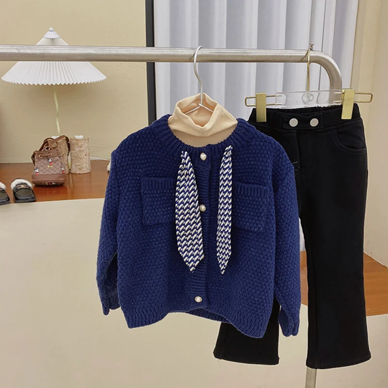 Свитер для девочек Детское пальто верхняя одежда 2022 темно-синий плюс бархатный