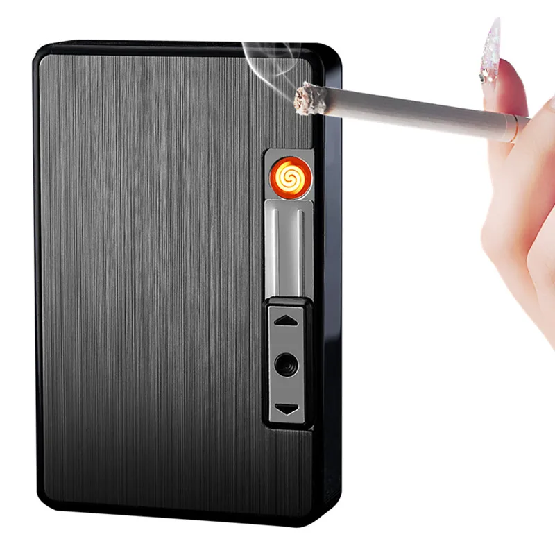 Waterproof Metal Cigarette Case with Lighter USB Plasma Arc Lighter Automatic Tobacco Box Holder Windproof Turbo Coil Lighters